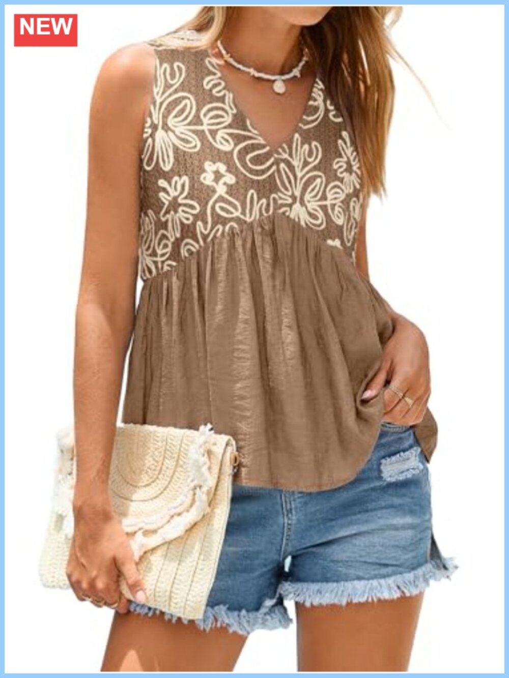 Womens Crochet Embroidered Tank Top Babydoll Flowy Peplum Sleeveless V Neck